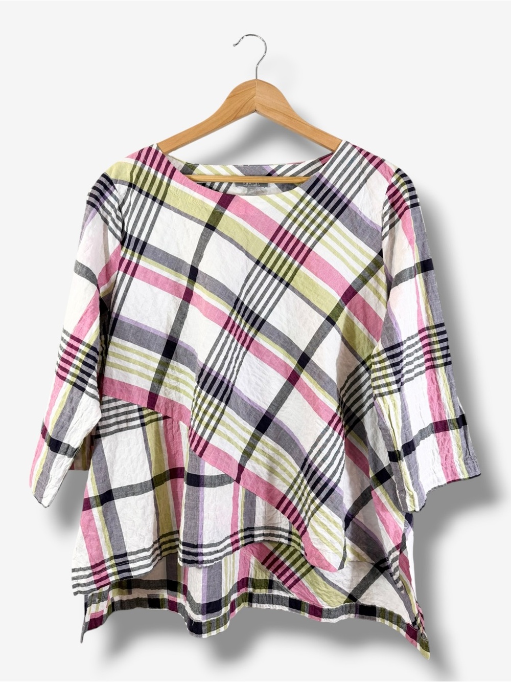 Habitat Plaid Tunic XL White Purple Pink Lagenlook Casual Boho Asymmetrical